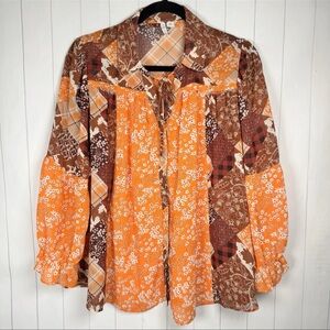 Cato Floral Patchwork Blouse Peasant Top Boho Western Prairie Orange/Brown M
